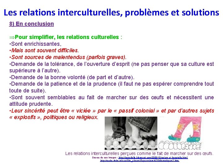 Les relations interculturelles, problèmes et solutions 8) En conclusion ÞPour simplifier, les relations culturelles