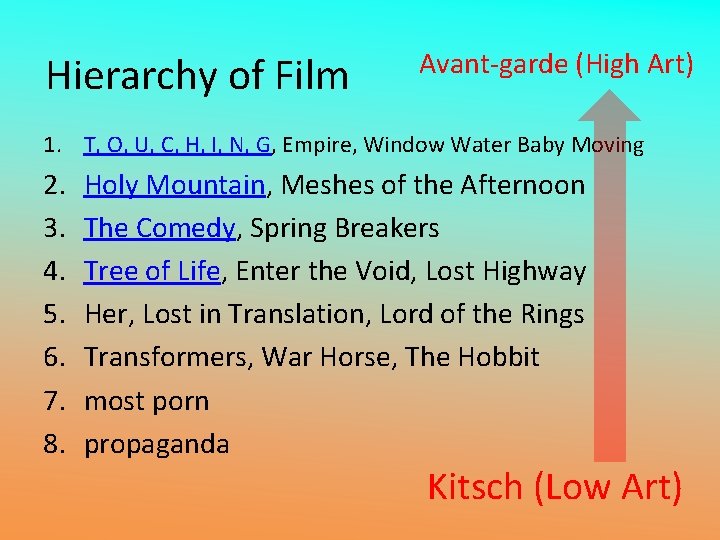 Hierarchy of Film Avant-garde (High Art) 1. T, O, U, C, H, I, N,
