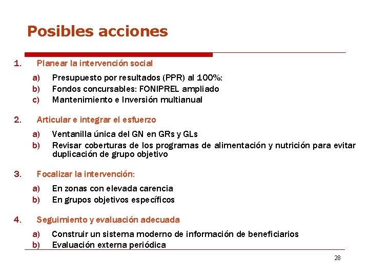 Posibles acciones 1. Planear la intervención social a) b) c) 2. Articular e integrar