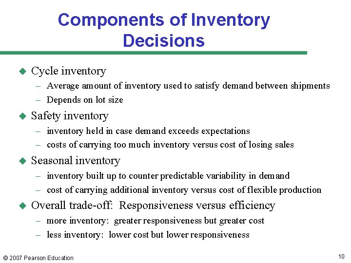 Components of Inventory Decisions u Cycle inventory – Average amount of inventory used to
