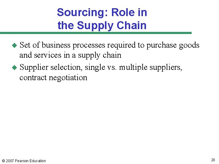 Sourcing: Role in the Supply Chain u Set of business processes required to purchase