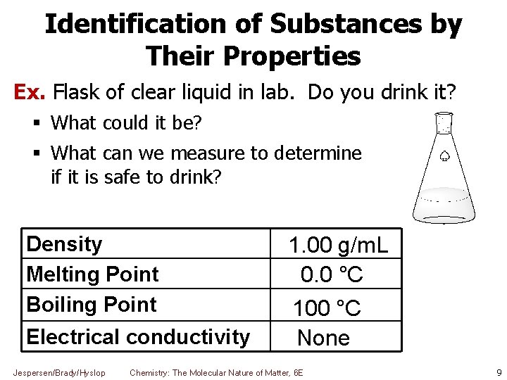 Identification of Substances by Their Properties Ex. Flask of clear liquid in lab. Do