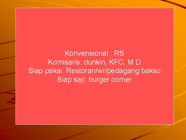 Konvensional : RS Komisaris: dunkin, KFC, M D Siap pakai: Restoran/wr/pedagang bakso Siap saji: Konvensional : RS Komisaris: dunkin, KFC, M D Siap pakai: Restoran/wr/pedagang bakso Siap saji: