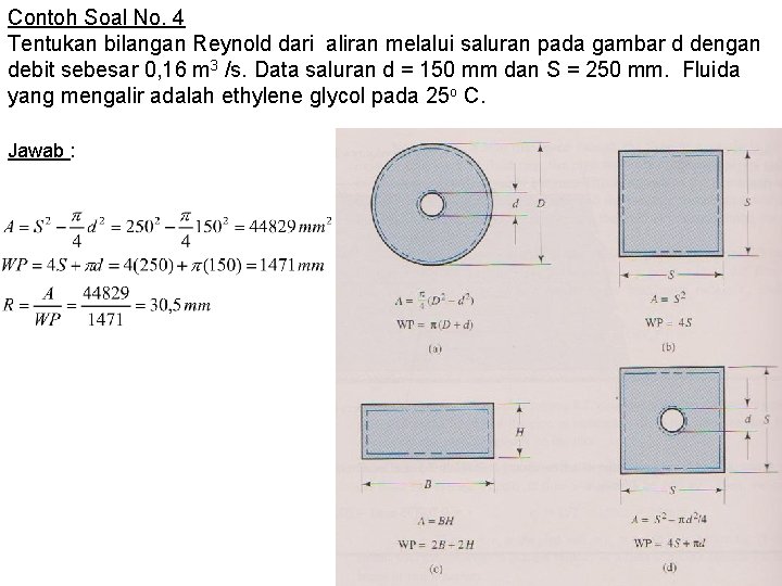 Contoh Soal No. 4 Tentukan bilangan Reynold dari aliran melalui saluran pada gambar d