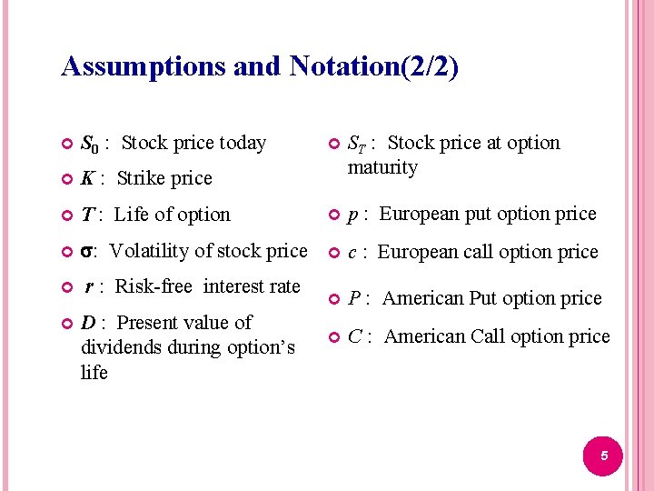 Assumptions and Notation(2/2) S 0 : Stock price today ST : Stock price at Assumptions and Notation(2/2) S 0 : Stock price today ST : Stock price at