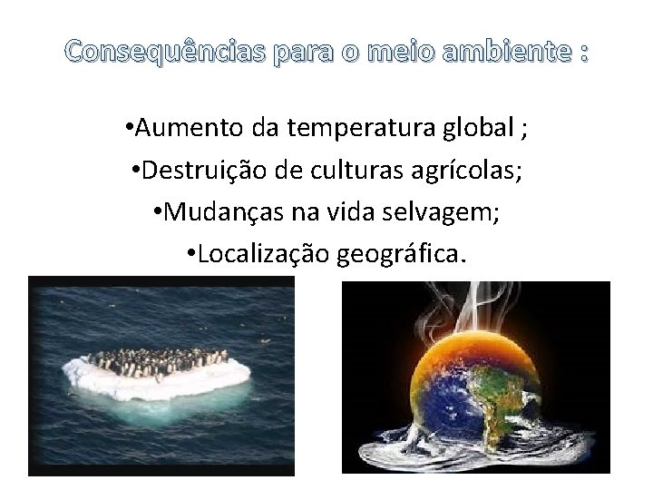 Consequências para o meio ambiente : • Aumento da temperatura global ; • Destruição