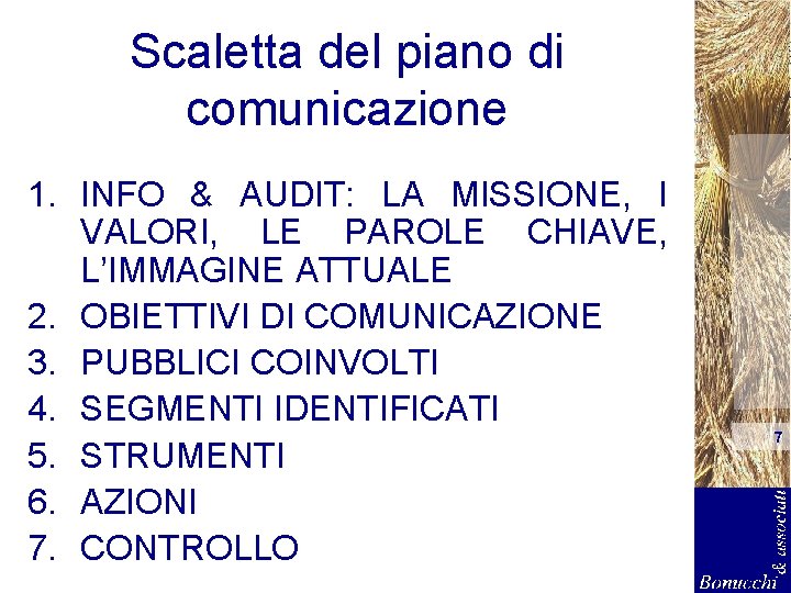 Scaletta del piano di comunicazione 1. INFO & AUDIT: LA MISSIONE, I VALORI, LE