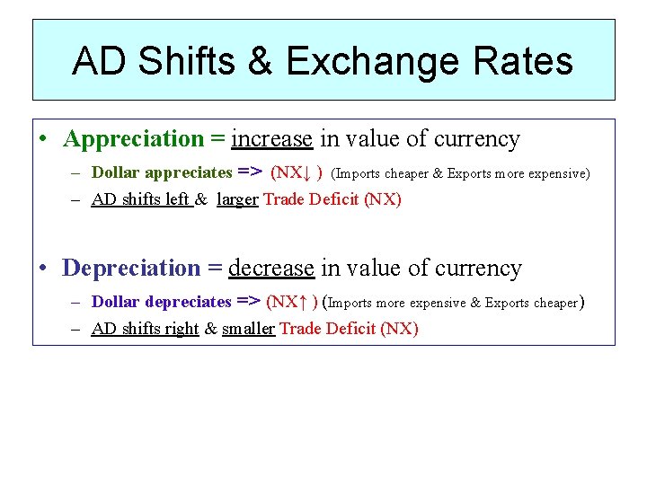 AD Shifts & Exchange Rates • Appreciation = increase in value of currency –