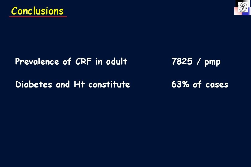 Conclusions Prevalence of CRF in adult 7825 / pmp Diabetes and Ht constitute 63%