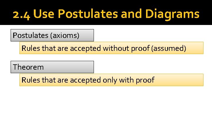 2. 4 Use Postulates and Diagrams Postulates (axioms) Rules that are accepted without proof