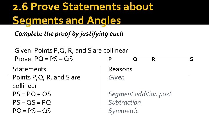 2. 6 Prove Statements about Segments and Angles Complete the proof by justifying each