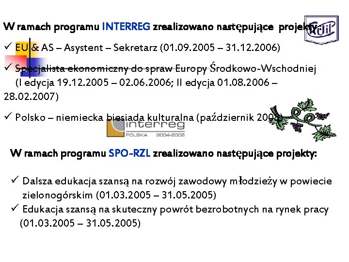 W ramach programu INTERREG zrealizowano następujące projekty : ü EU & AS – Asystent
