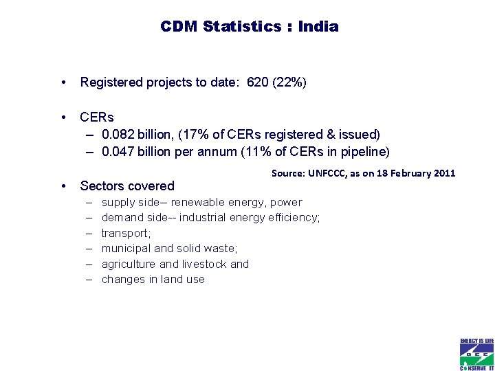 CDM Statistics : India • Registered projects to date: 620 (22%) • CERs – CDM Statistics : India • Registered projects to date: 620 (22%) • CERs –
