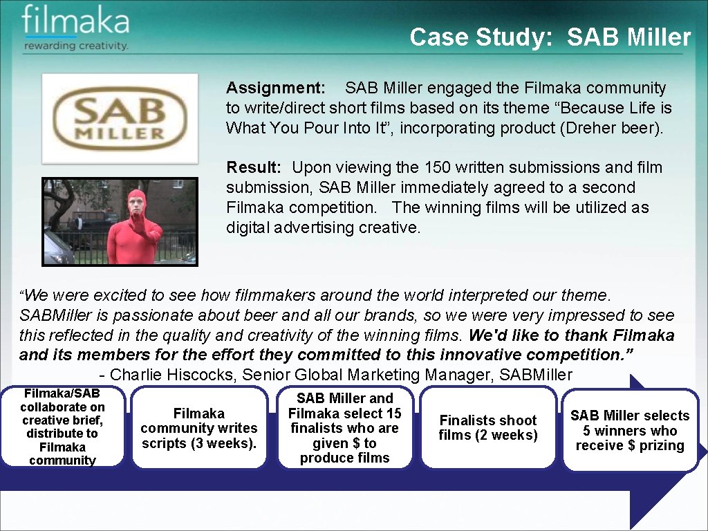 Case Study: SAB Miller Assignment: SAB Miller engaged the Filmaka community to write/direct short