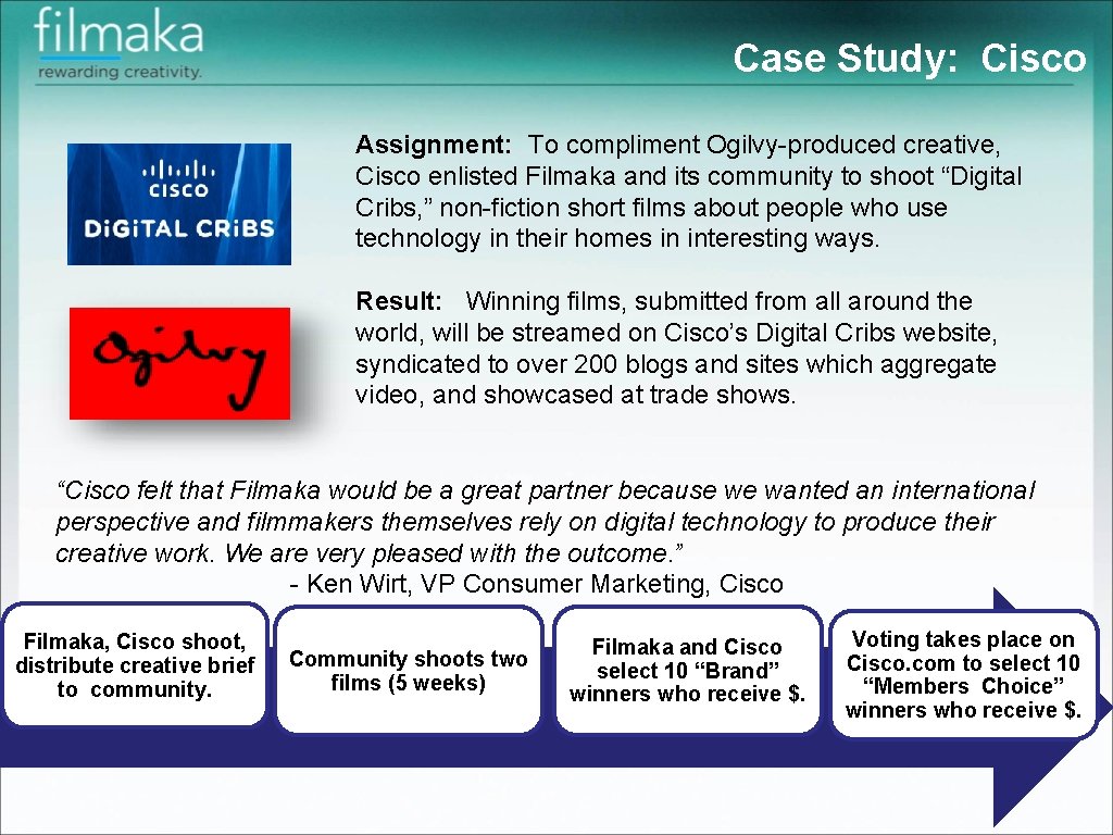 Case Study: Cisco Assignment: To compliment Ogilvy-produced creative, Cisco enlisted Filmaka and its community