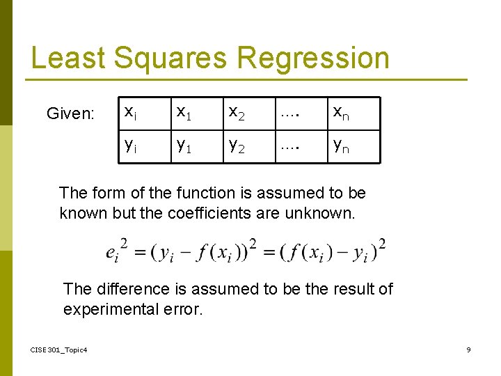 Least Squares Regression Given: xi x 1 x 2 …. xn yi y 1