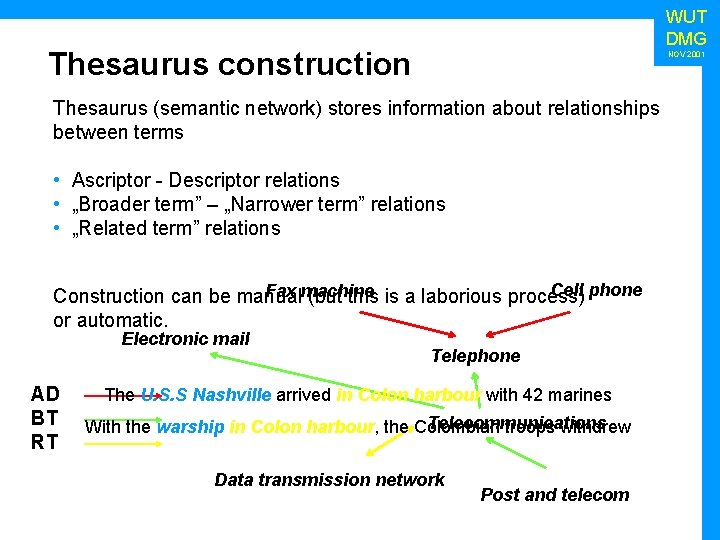 WUT DMG Thesaurus construction NOV 2001 Thesaurus (semantic network) stores information about relationships between