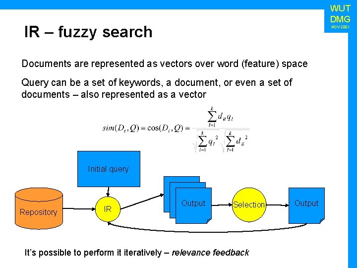 WUT DMG IR – fuzzy search NOV 2001 Documents are represented as vectors over