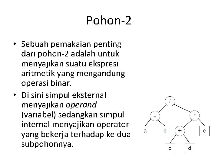 Pohon-2 • Sebuah pemakaian penting dari pohon-2 adalah untuk menyajikan suatu ekspresi aritmetik yang