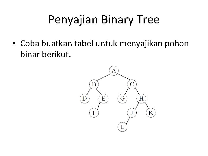 Penyajian Binary Tree • Coba buatkan tabel untuk menyajikan pohon binar berikut. 