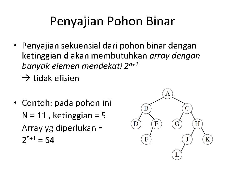 Penyajian Pohon Binar • Penyajian sekuensial dari pohon binar dengan ketinggian d akan membutuhkan