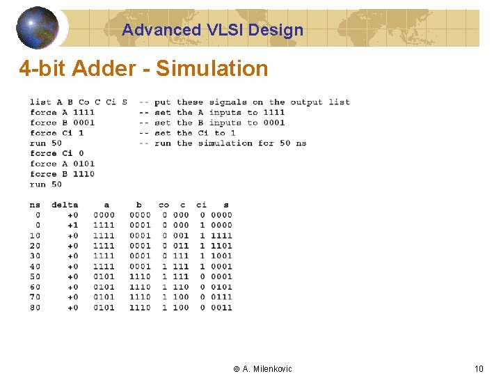 Advanced VLSI Design 4 -bit Adder - Simulation A. Milenkovic 10 