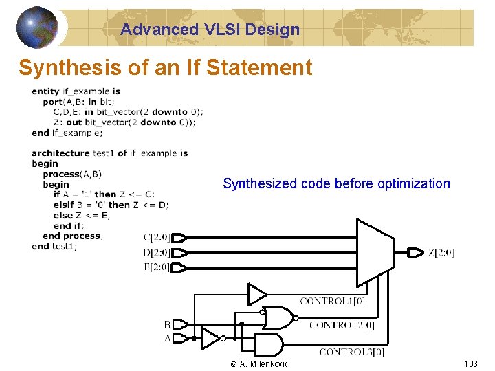 Advanced VLSI Design Synthesis of an If Statement Synthesized code before optimization A. Milenkovic