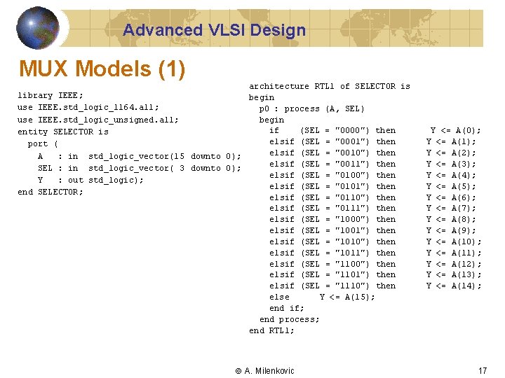 Advanced VLSI Design MUX Models (1) architecture RTL 1 of SELECTOR is library IEEE;