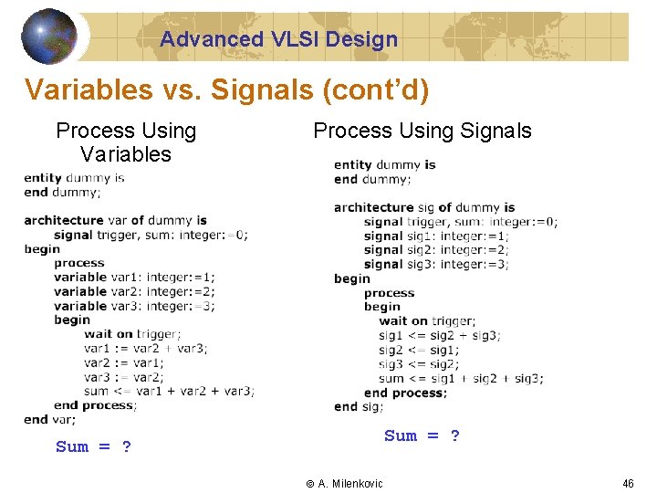 Advanced VLSI Design Variables vs. Signals (cont’d) Process Using Variables Process Using Signals Sum