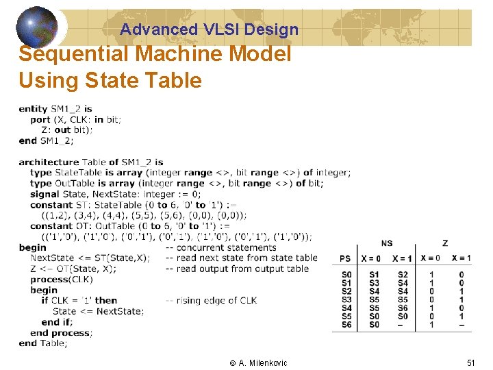 Advanced VLSI Design Sequential Machine Model Using State Table A. Milenkovic 51 