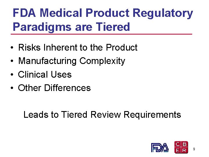 FDA Medical Product Regulatory Paradigms are Tiered • • Risks Inherent to the Product FDA Medical Product Regulatory Paradigms are Tiered • • Risks Inherent to the Product