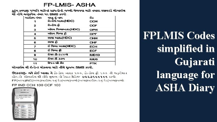 FPLMIS Codes simplified in Gujarati language for ASHA Diary 