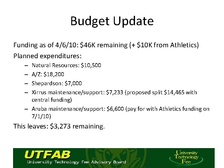 Budget Update Funding as of 4/6/10: $46 K remaining (+ $10 K from Athletics)