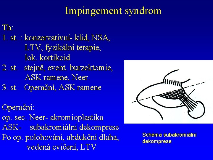 Impingement syndrom Th: 1. st. : konzervativní- klid, NSA, LTV, fyzikální terapie, lok. kortikoid