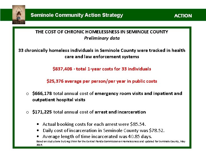 Seminole Community Action Strategy ACTION THE COST OF CHRONIC HOMELESSNESS IN SEMINOLE COUNTY Preliminary