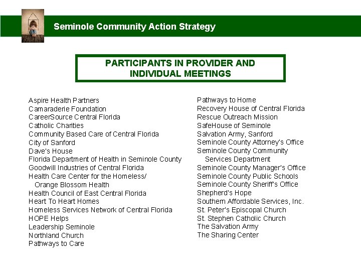 Seminole Community Action Strategy PARTICIPANTS IN PROVIDER AND INDIVIDUAL MEETINGS Aspire Health Partners Camaraderie