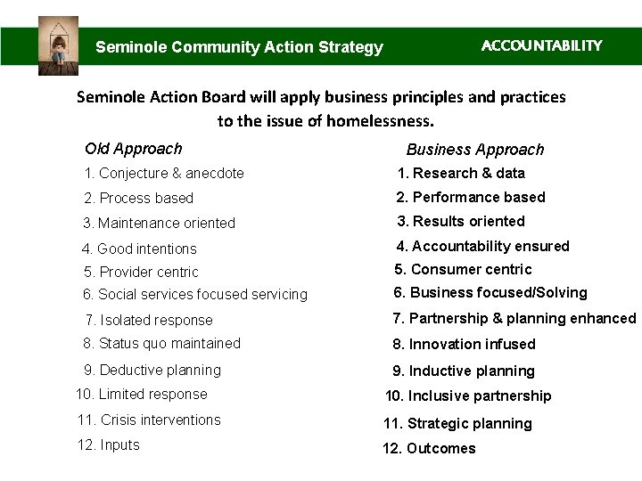 ACCOUNTABILITY Seminole Community Action Strategy Seminole Action Board will apply business principles and practices