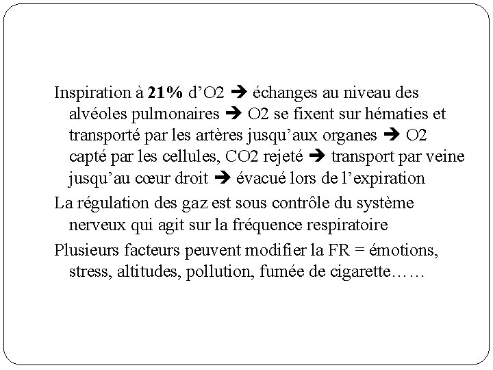 Inspiration à 21% d’O 2 échanges au niveau des alvéoles pulmonaires O 2 se