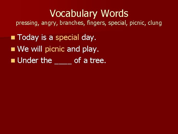 Vocabulary Words pressing, angry, branches, fingers, special, picnic, clung n Today is a special