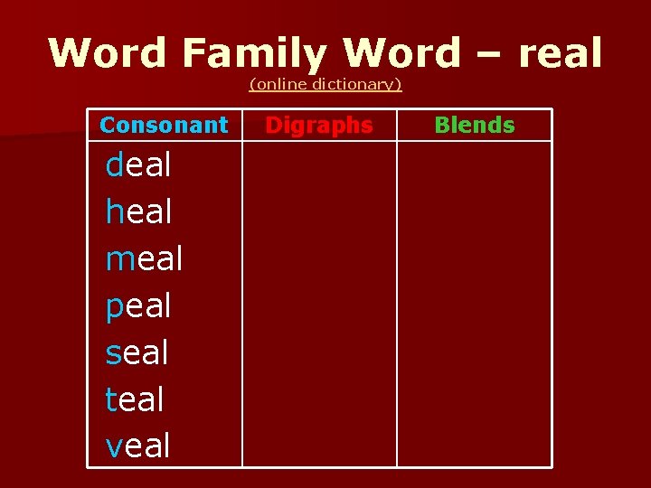 Word Family Word – real (online dictionary) Consonant deal heal meal peal seal teal