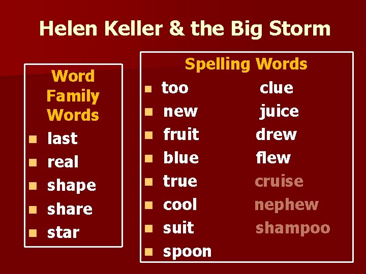 Helen Keller & the Big Storm n n n Word Family Words last real