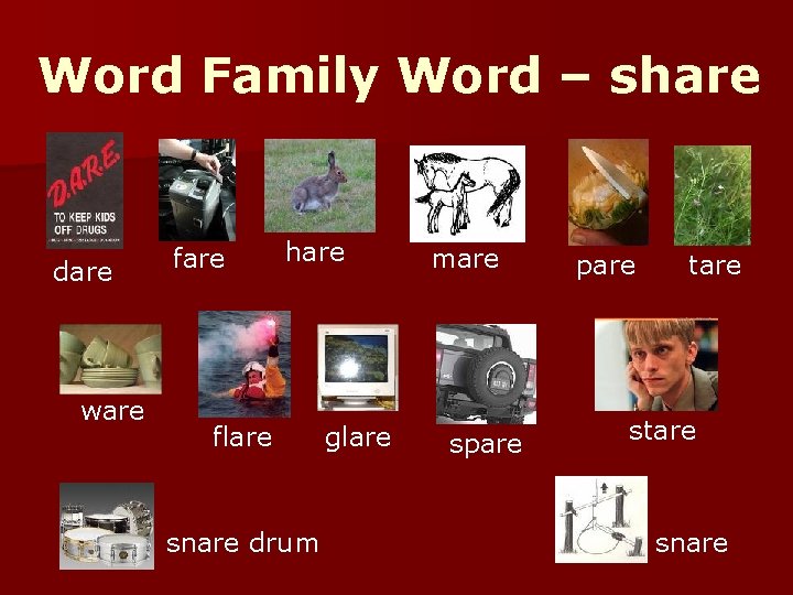 Word Family Word – share dare ware fare hare flare snare drum glare mare