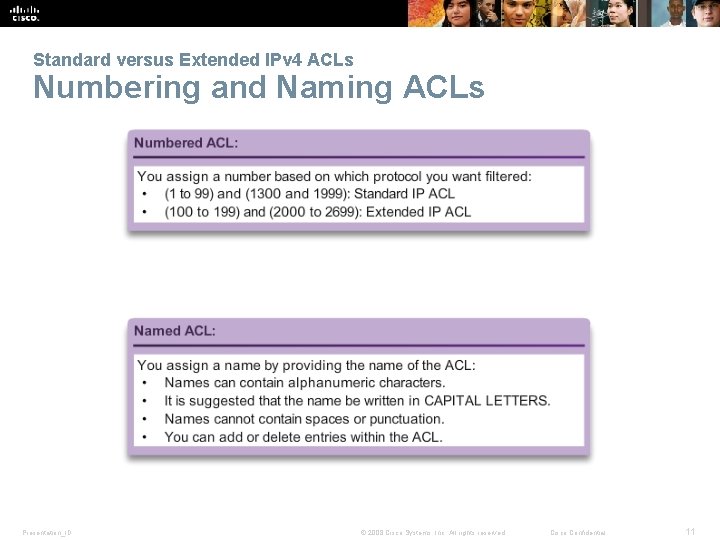 Standard versus Extended IPv 4 ACLs Numbering and Naming ACLs Presentation_ID © 2008 Cisco