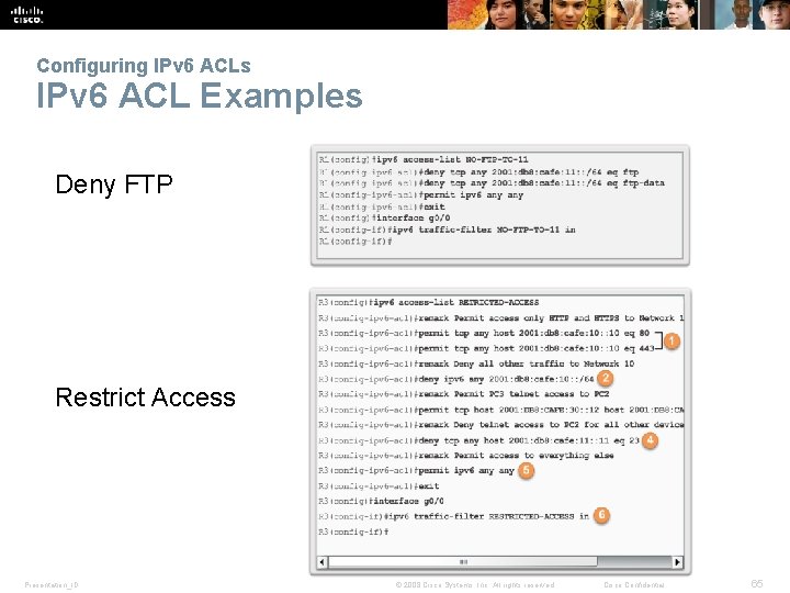 Configuring IPv 6 ACLs IPv 6 ACL Examples Deny FTP Restrict Access Presentation_ID ©