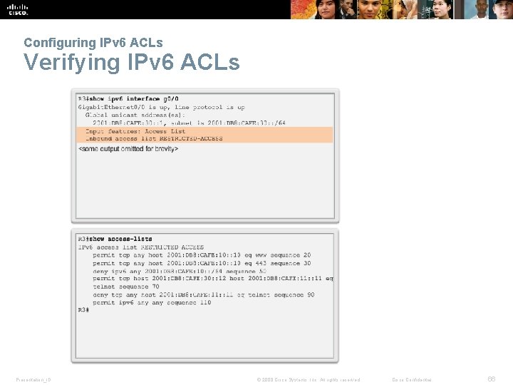 Configuring IPv 6 ACLs Verifying IPv 6 ACLs Presentation_ID © 2008 Cisco Systems, Inc.