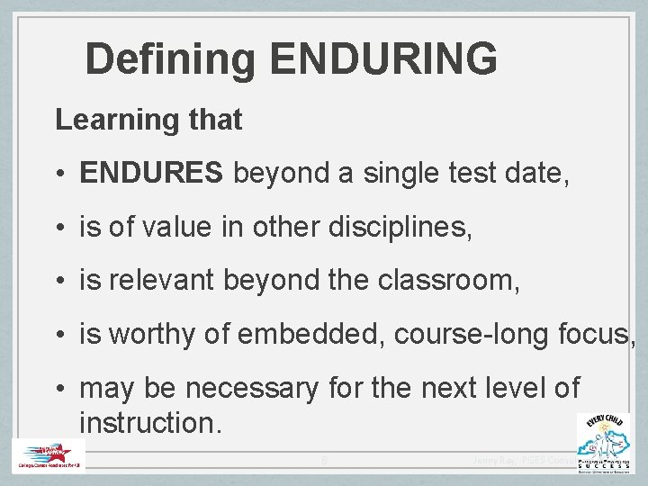 Defining ENDURING Learning that • ENDURES beyond a single test date, • is of