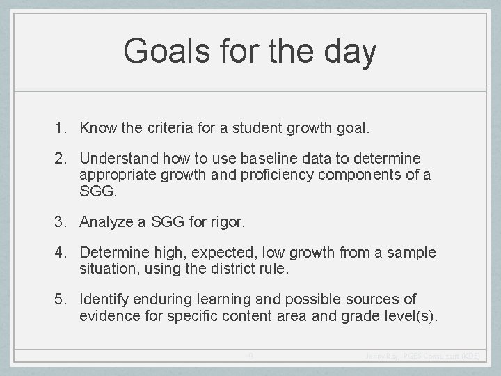 Goals for the day 1. Know the criteria for a student growth goal. 2.