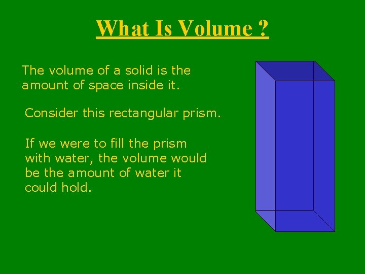 What Is Volume ? The volume of a solid is the amount of space What Is Volume ? The volume of a solid is the amount of space
