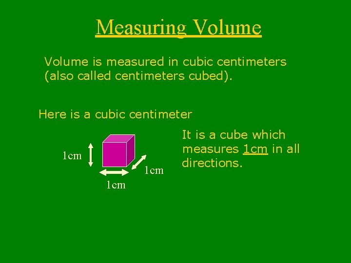 Measuring Volume is measured in cubic centimeters (also called centimeters cubed). Here is a Measuring Volume is measured in cubic centimeters (also called centimeters cubed). Here is a
