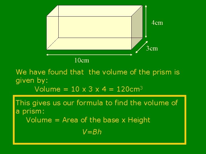 4 cm 3 cm 10 cm We have found that the volume of the 4 cm 3 cm 10 cm We have found that the volume of the